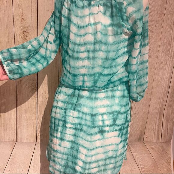 BISOU BISOU green white tie dye chiffon blouson cold shoulder dress Sz4 Preowned - Picture 2 of 6